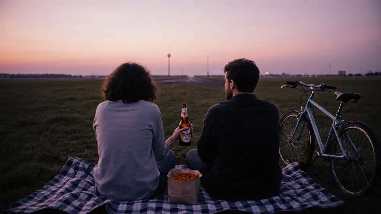 Couple relaxing on a blanket at Tempelhofer Feld at dusk with beer and currywurst.
