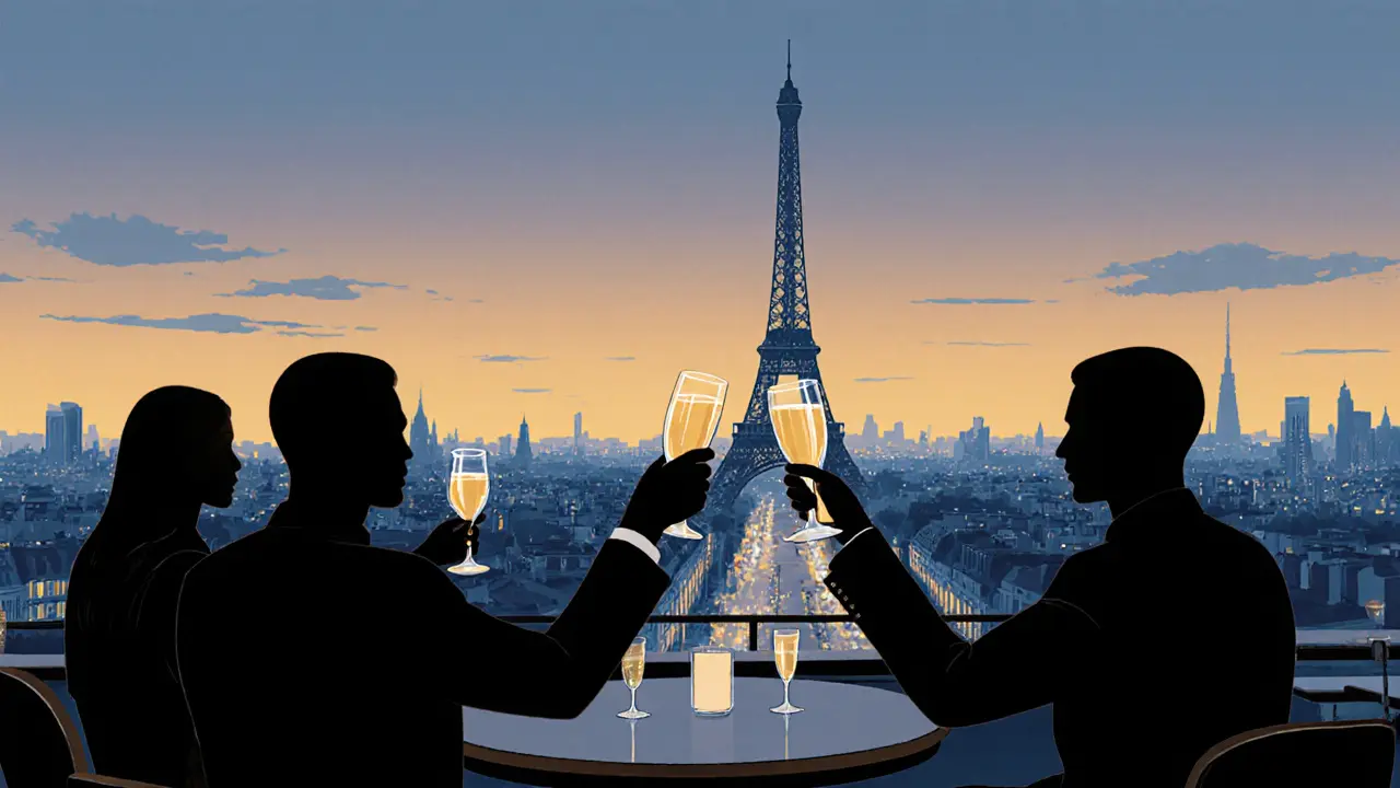 Couples and friends toasting on a rooftop lounge with the Eiffel Tower glowing in the background.