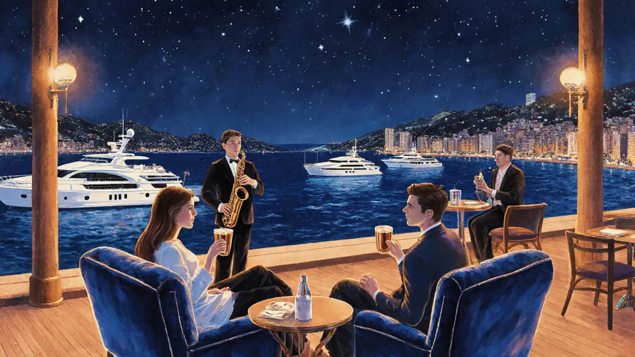 Couples enjoying cocktails on a rooftop lounge overlooking Monaco&#039;s harbor at night.