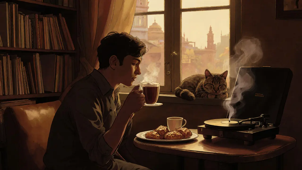 Cozy 24-hour chocolate café at dawn with a person drinking hot chocolate and baklava.