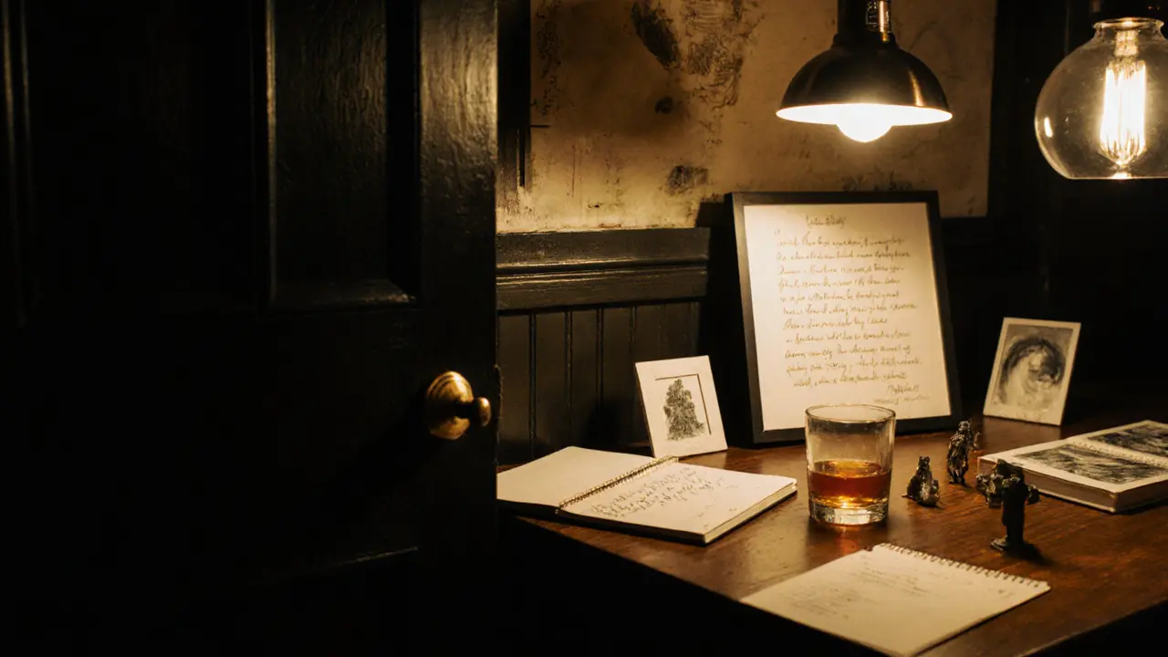 Cozy interior of The Art Bar with small artworks on tables and a framed poem on the wall.
