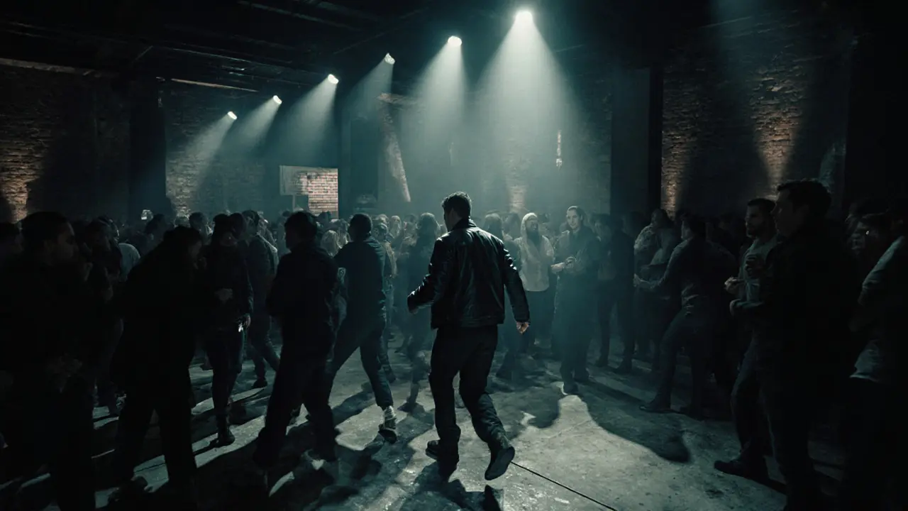 Crowd dancing in a raw industrial nightclub with strobe lights and concrete floors, intense night energy.