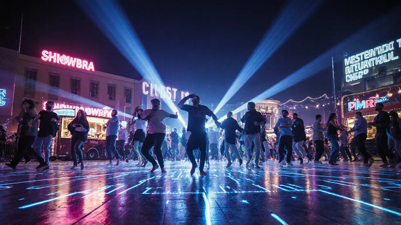 Crowd dancing under neon lights and lasers on Yas Island&#039;s vibrant nightlife promenade.