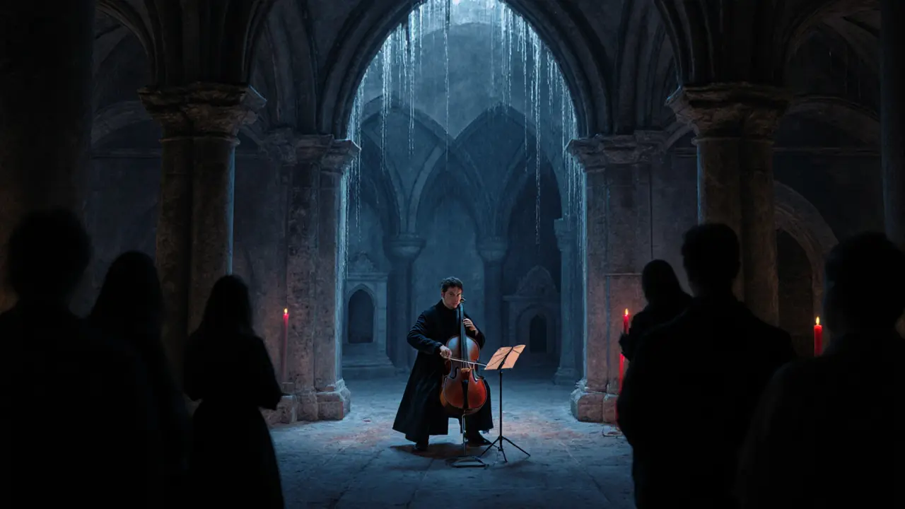 Damp underground crypt with cellist performing in candlelight among ancient stone niches.