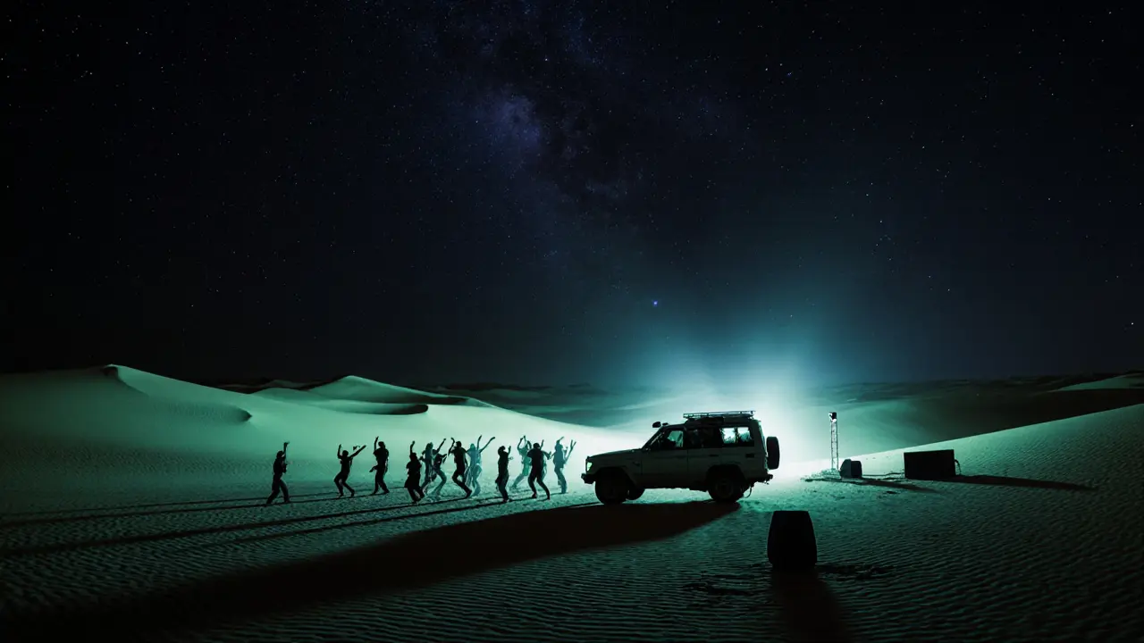 Dancers under starry desert skies illuminated by UV lights on glowing sand dunes.