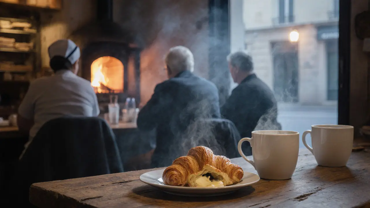 Dawn at a hidden Paris bakery at 5 a.m., with coffee, croissant, and quiet patrons in soft morning light.