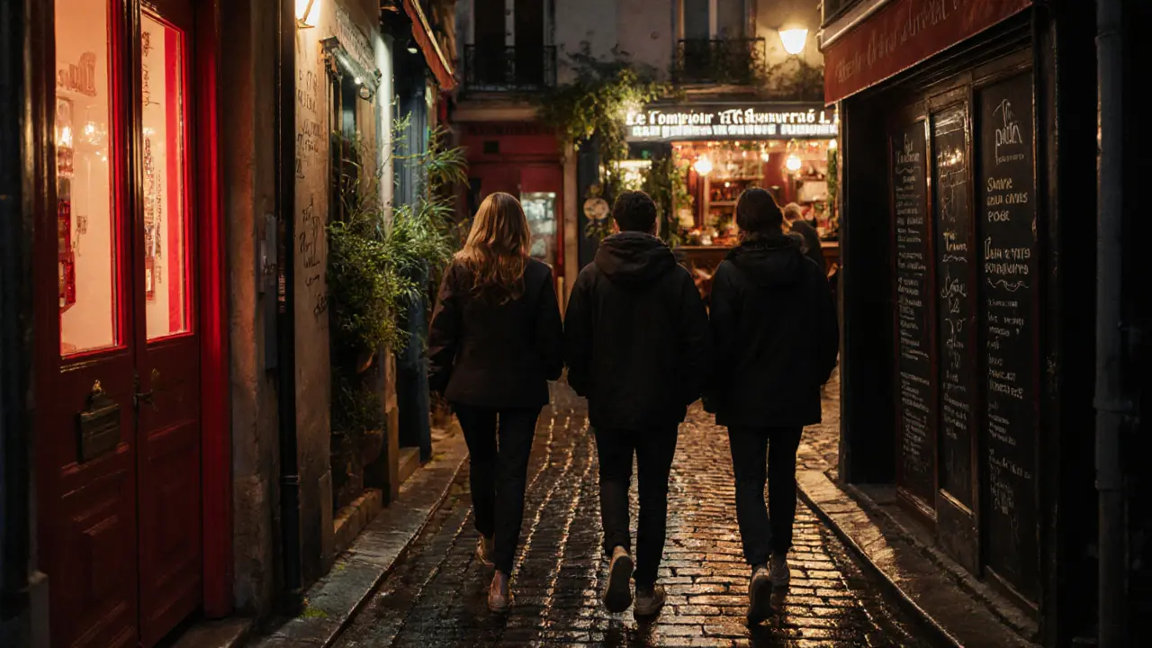 Friends walking a hidden alley at night past glowing Parisian bars with no signs visible.