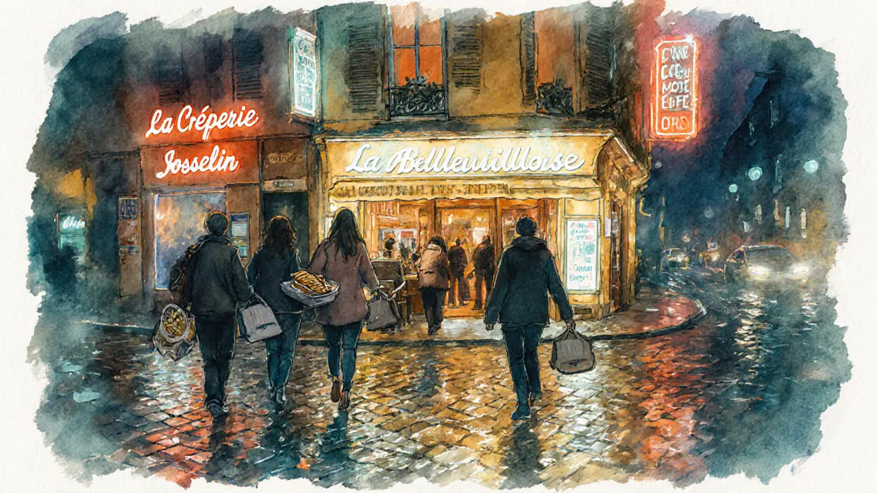 Friends walking toward a hidden club in Belleville at dawn, carrying crepes under glowing signs.