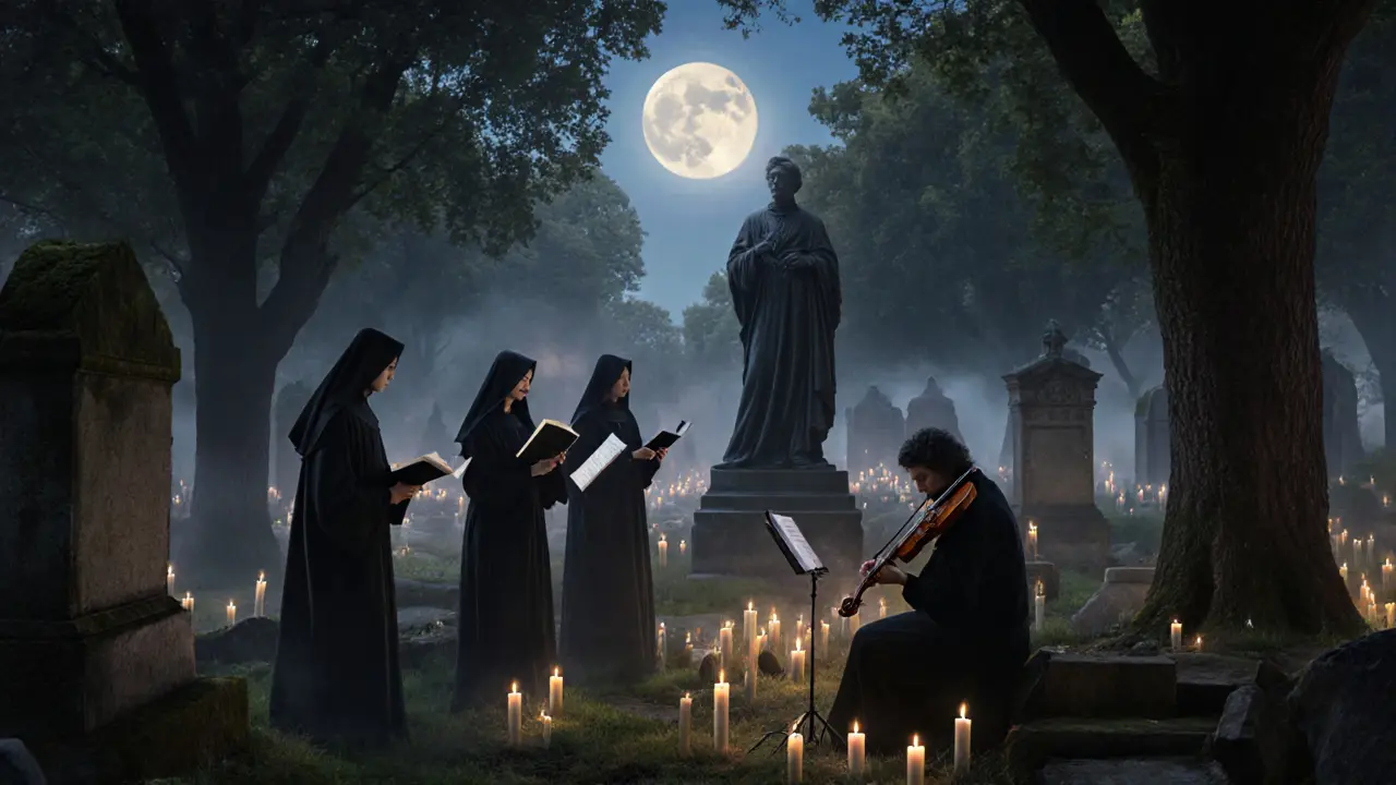 Full moon over Père Lachaise Cemetery with singers and candles beside Oscar Wilde&#039;s tomb.