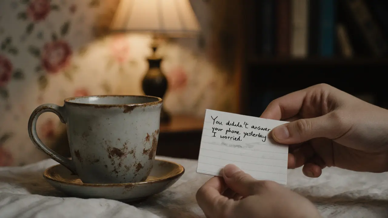Hands rest beside a teacup and a handwritten note, conveying quiet emotional care in a cozy, intimate setting.