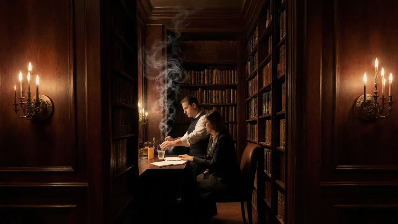 Hidden speakeasy behind a bookshelf, candlelit, with smoke curling from a crafted cocktail in a luxurious setting.