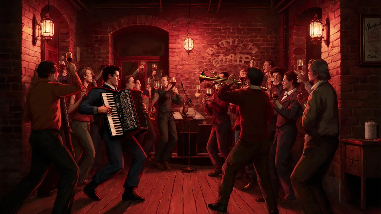 Intimate jazz cellar with dancers and musicians under warm red lights in Paris.