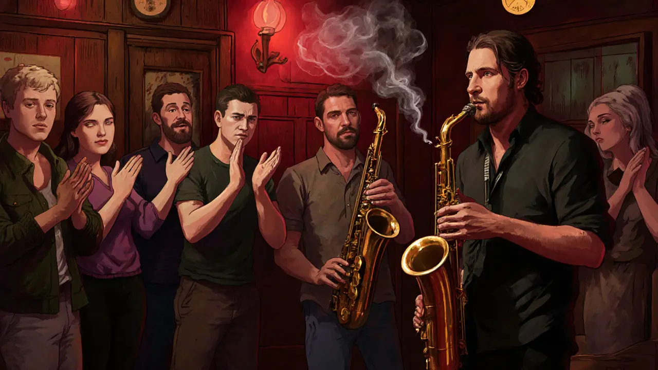 Intimate jazz club scene in Montmartre with a lone listener captivated by live music.