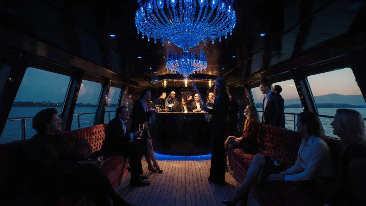 Luxurious interior of a floating nightclub with velvet seating, crystal chandeliers, and guests in evening wear under soft blue and amber lights.
