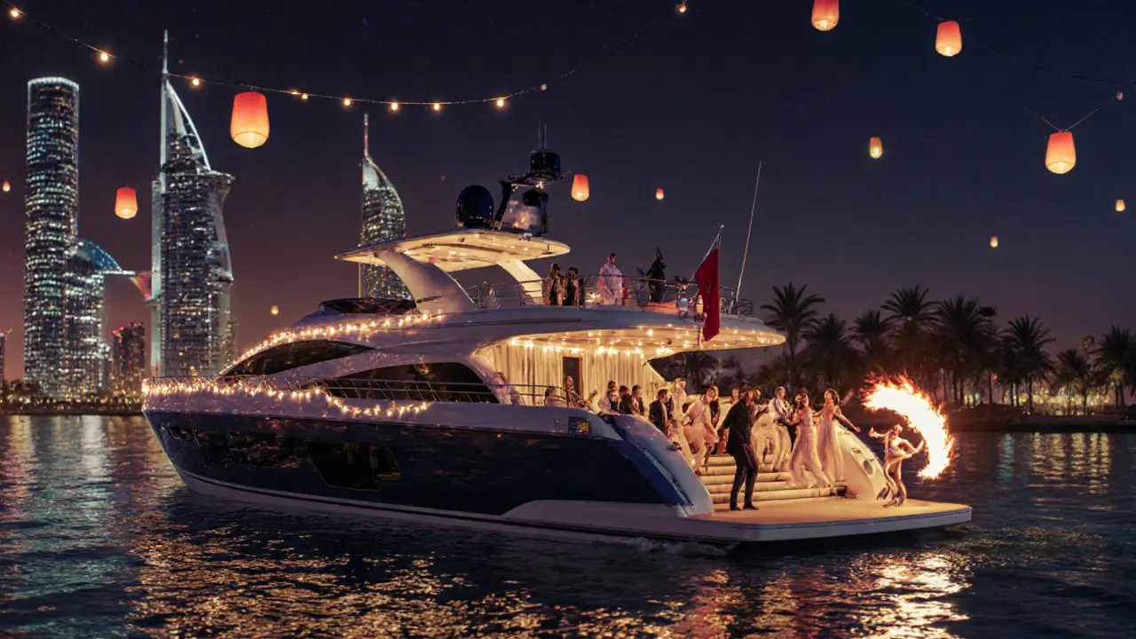 Luxury yacht sailing past Palm Jumeirah with guests dancing under string lights and city reflections.