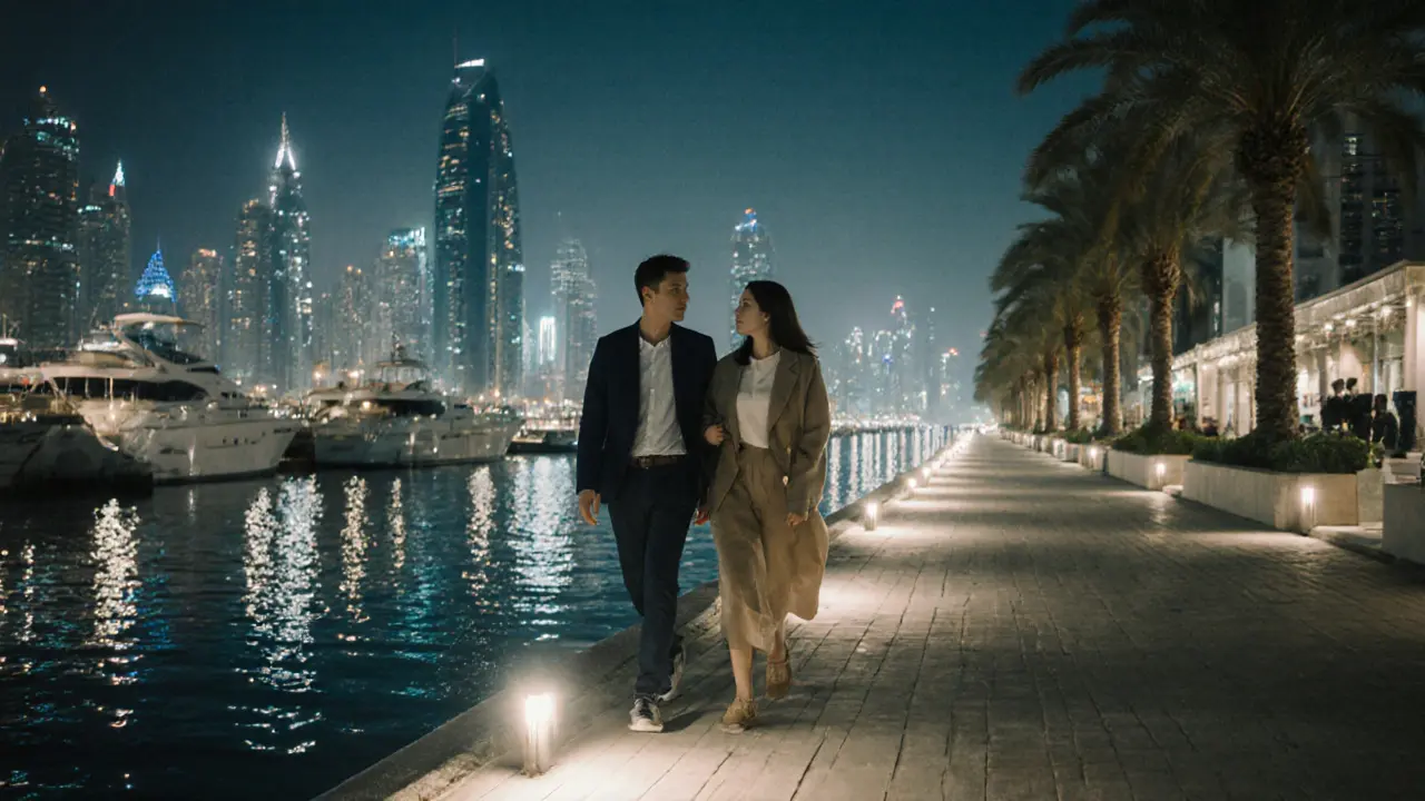 Man and woman walking peacefully along the lit Dubai Water Canal at night.