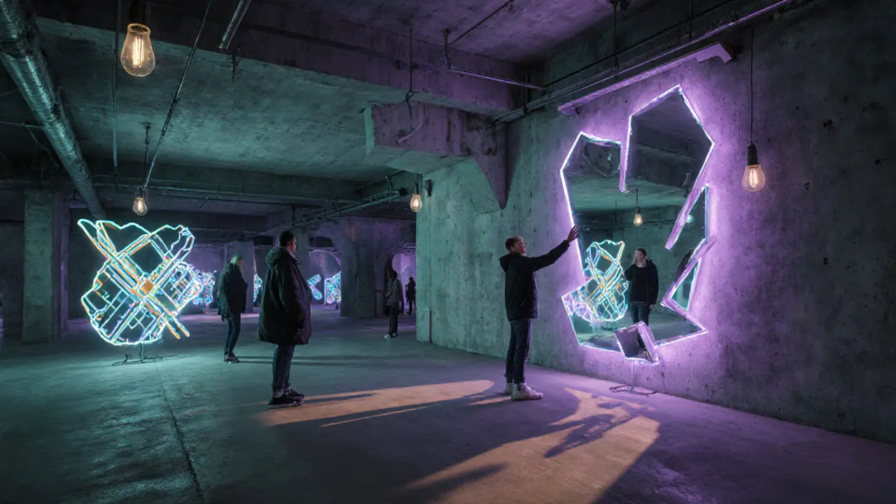 Neon sculptures and mirrored installations in Peckham Levels, visitors quietly observing shifting light.