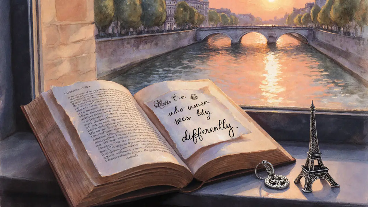 Open vintage book with handwritten note on a windowsill overlooking the Seine at dusk, silver keychain beside it.