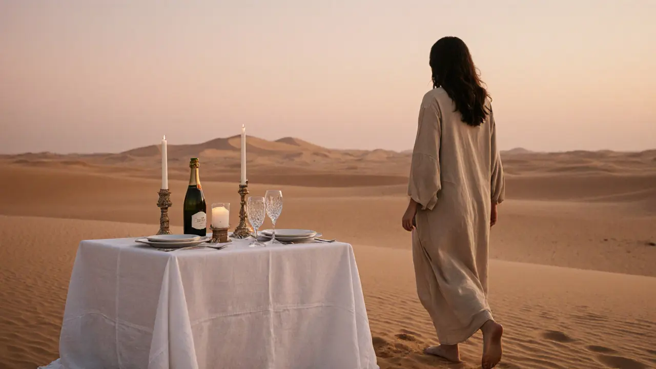 Private desert picnic at twilight with fine table setting and a woman walking on sand under a glowing sky.