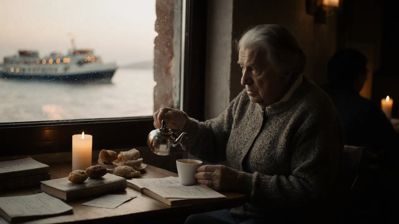 Quiet evening at İzmirli Kafe with candlelight, tea, and a reader gazing out at the sea.