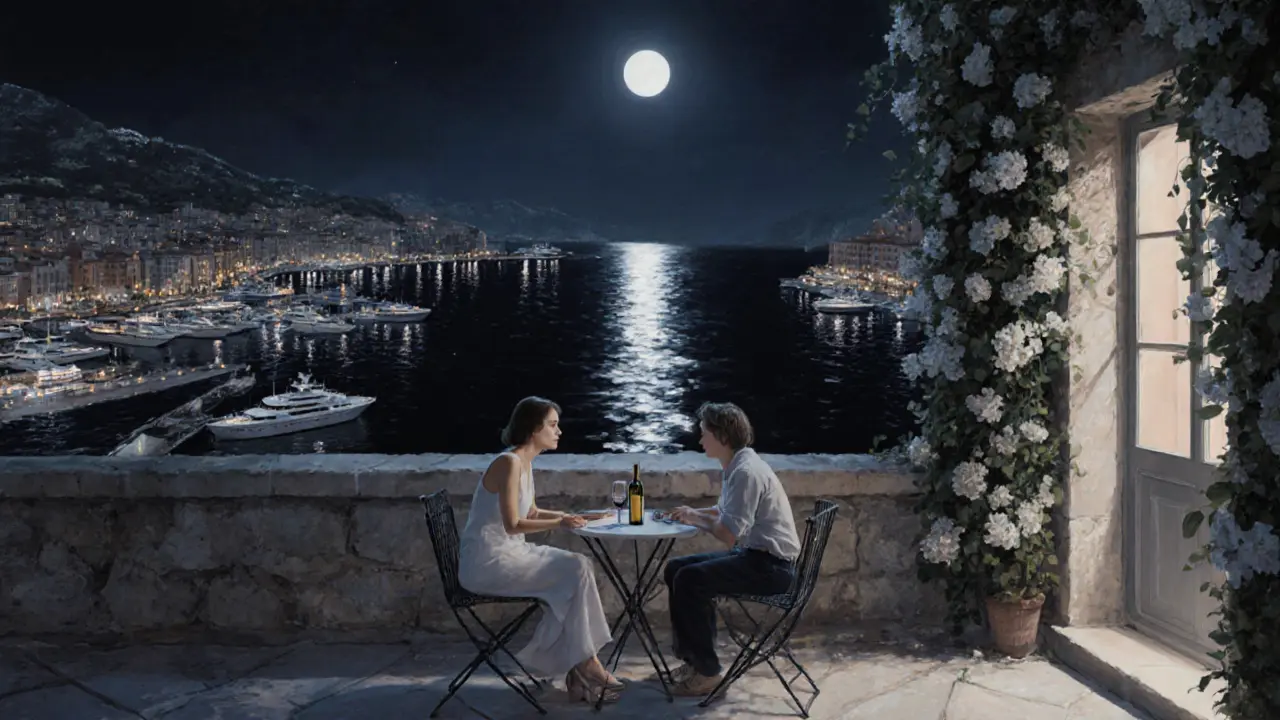 Quiet terrace at night with two people overlooking Monaco’s harbor lit by glowing yachts.