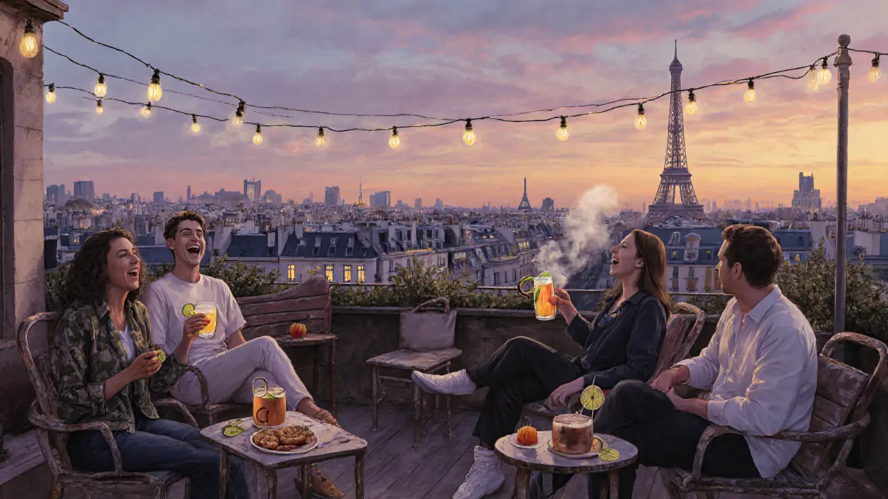 Relaxed rooftop bar in Paris at twilight, locals enjoying cocktails with skyline view, string lights and no crowds, intimate and authentic vibe.