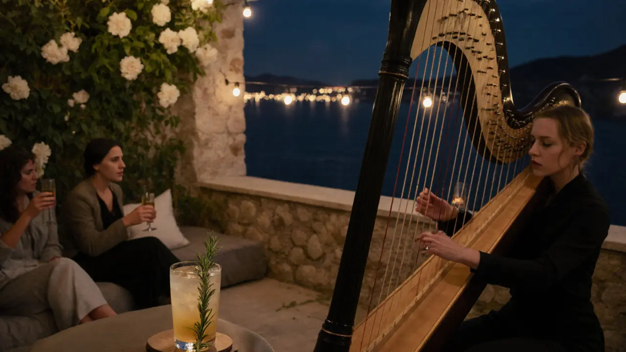 Secret rooftop garden with harpist and guests under string lights, overlooking the Mediterranean.