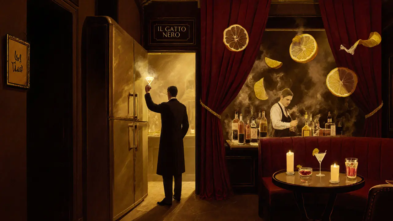 Secret speakeasy interior with velvet curtains, candlelight, and mixologists crafting cocktails in a moody glow.