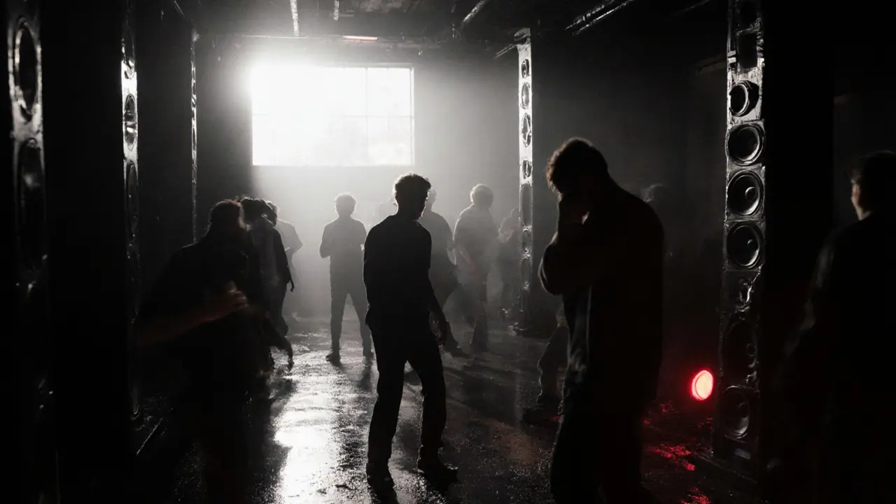 Silhouettes dancing in a dark underground Paris club as sunrise creeps in.