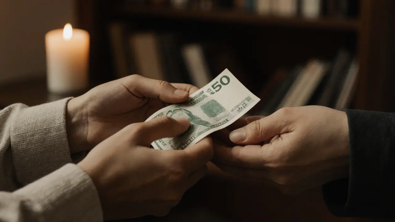 Two hands exchanging cash in a quiet apartment, no faces visible, symbolizing a respectful transaction.