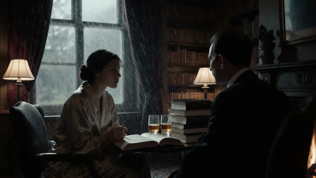 Two people engaged in deep conversation over books and whisky in a quiet study.