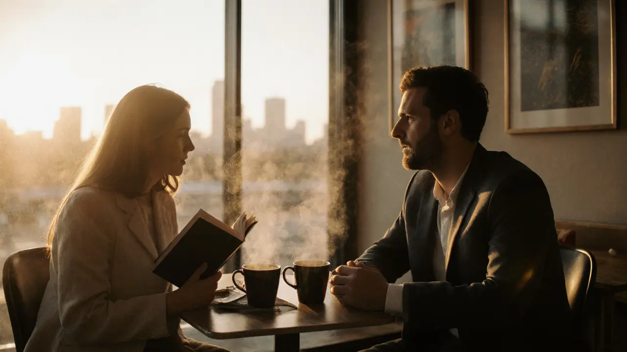 Two people enjoying quiet coffee together in a Dubai arts district, conveying companionship without romance.