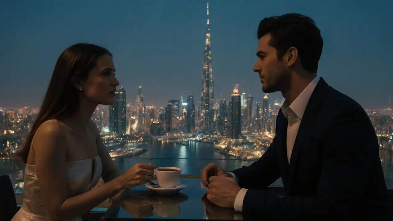 Two people having a quiet conversation at a luxury Dubai rooftop bar with the city skyline in the background.