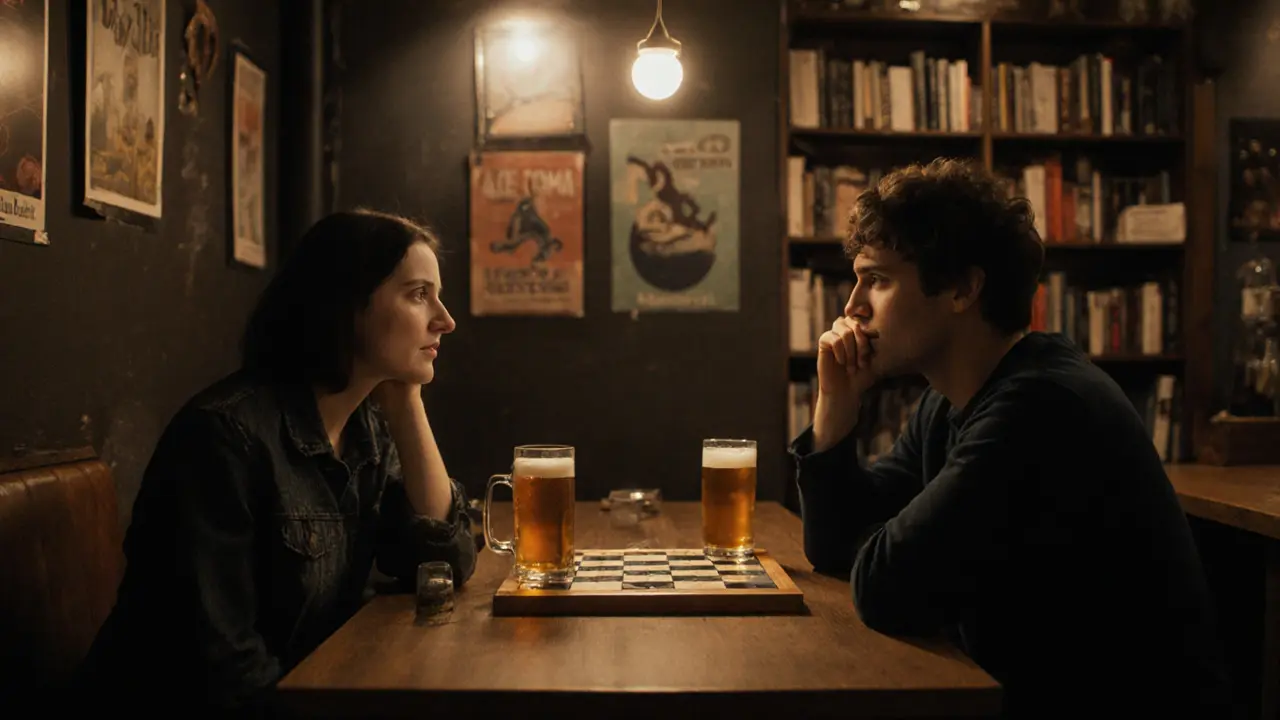 Two people play a board game in a cozy Neukölln bar, sharing a quiet, attentive moment.