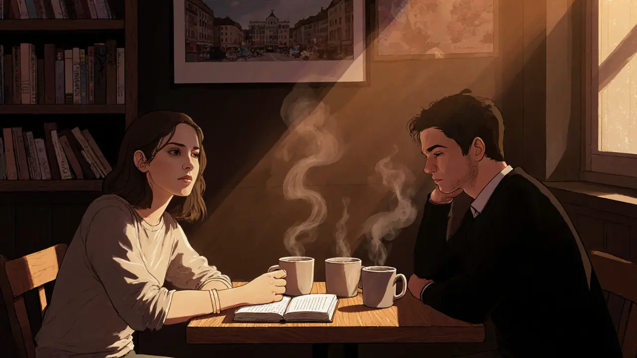 Two people share a quiet moment over coffee in a Prenzlauer Berg bakery, engaged in thoughtful conversation.