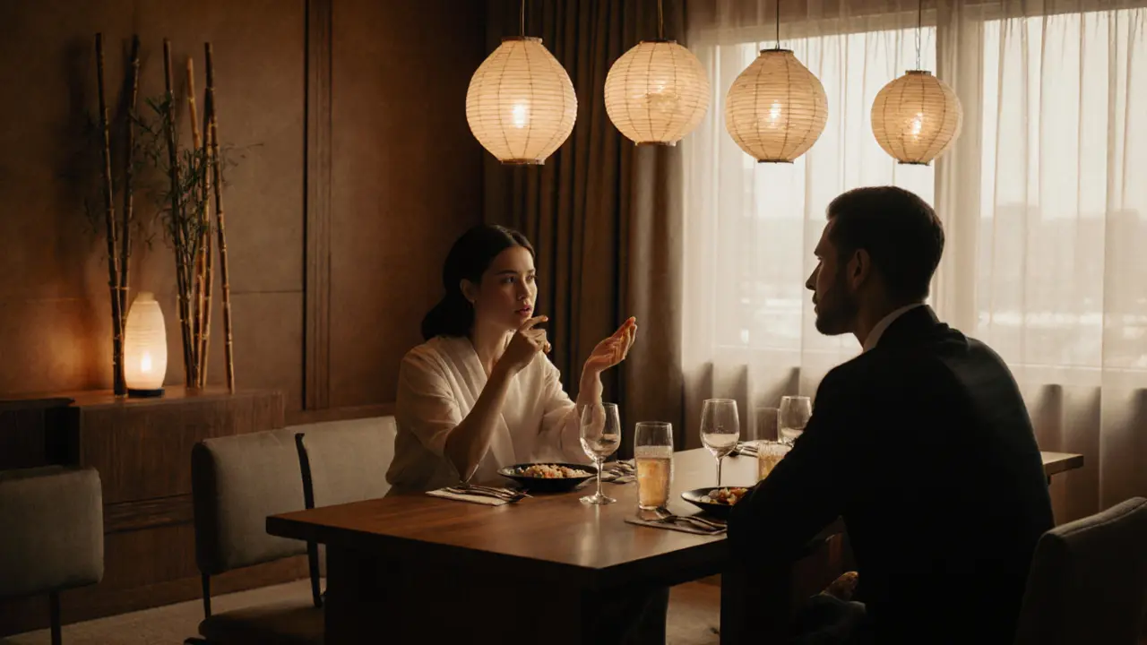 Two people sharing a quiet dinner in a minimalist Japanese-style restaurant.