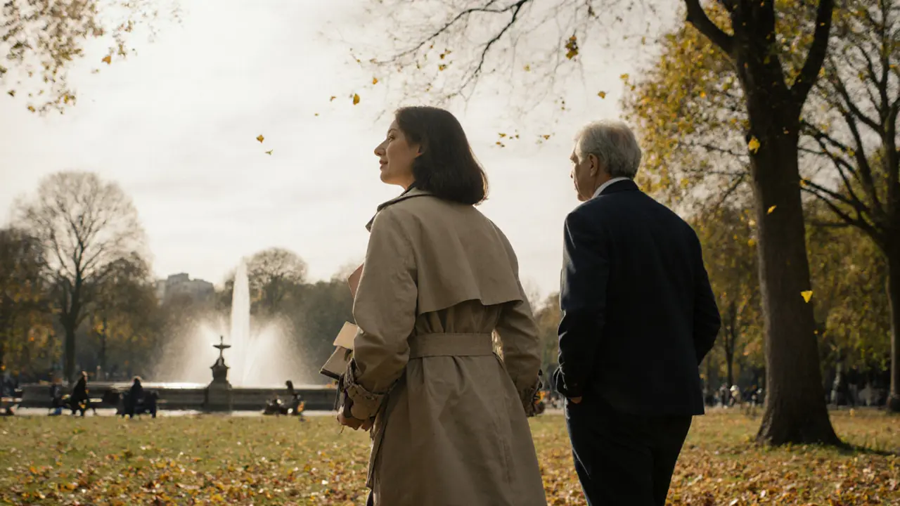 Two people walk side by side through Hyde Park in autumn, sharing silent companionship among falling leaves.