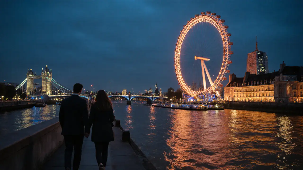 Two people walking hand in hand along the Thames at night, illuminated by the glowing London Eye and city lights.