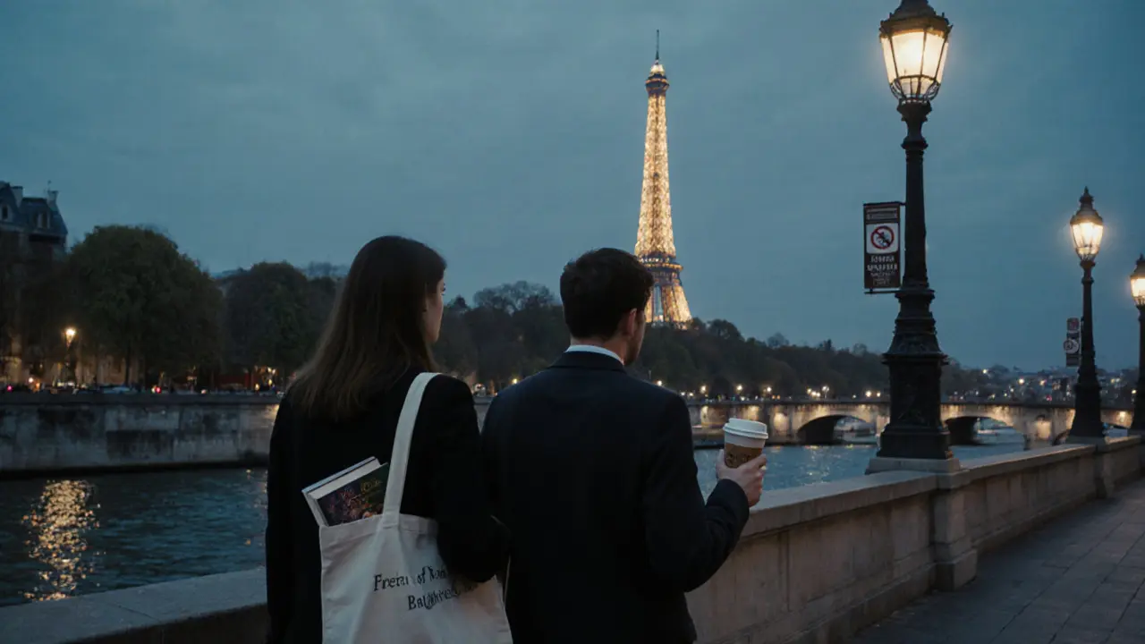 Two people walking peacefully along the Seine at dusk with the Eiffel Tower in the distance.