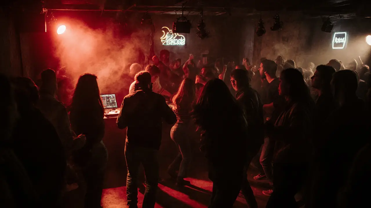 Underground club in Karaköy with dancers and DJ under dim red lights, smoke in the air.