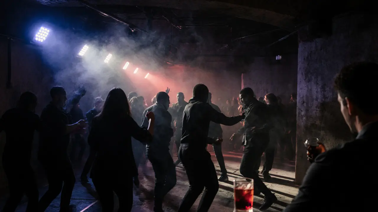 Underground nightclub in Milan with silhouetted dancers and glowing speaker lights in a dim, moody warehouse.