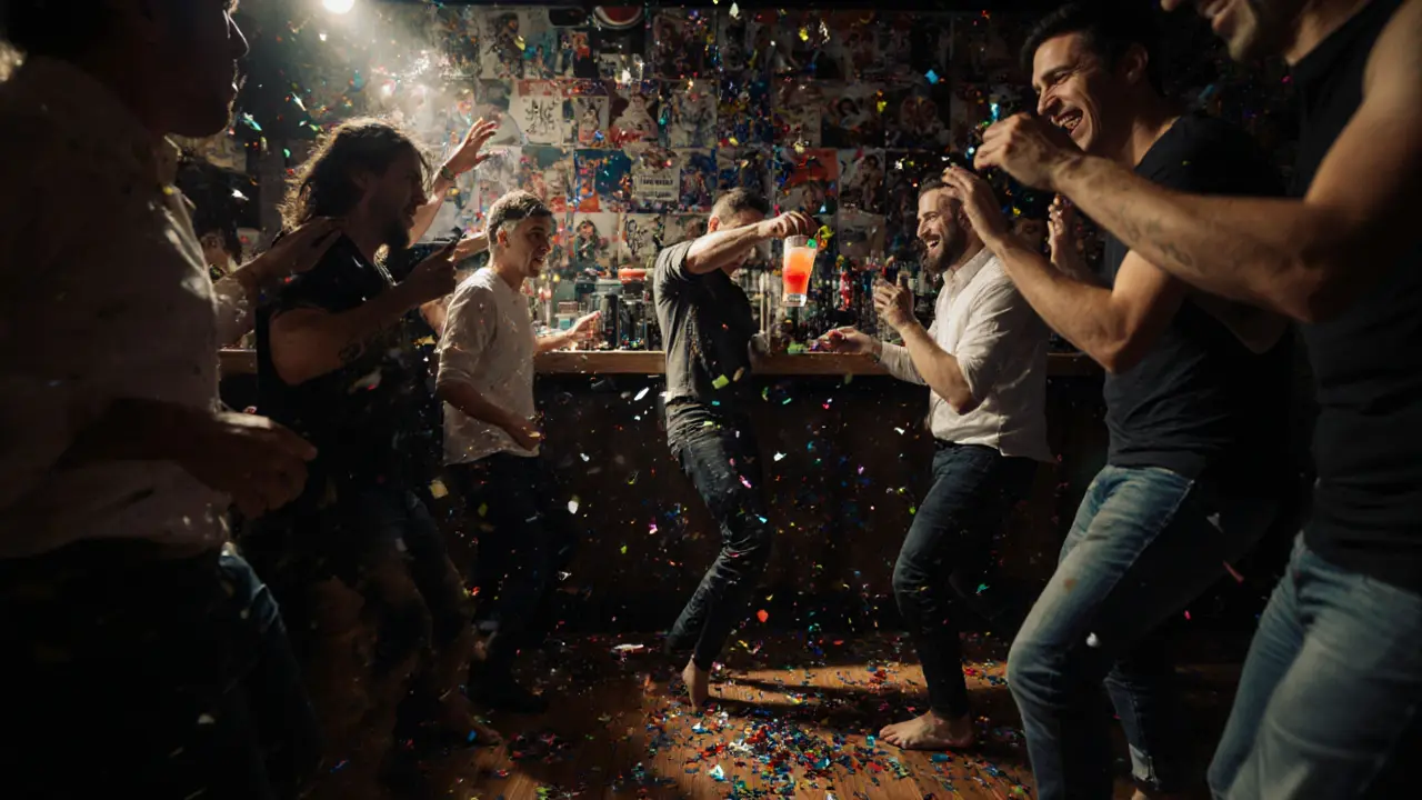 Vibrant crowd dancing barefoot in La Rascasse bar with signed racing photos on the walls.