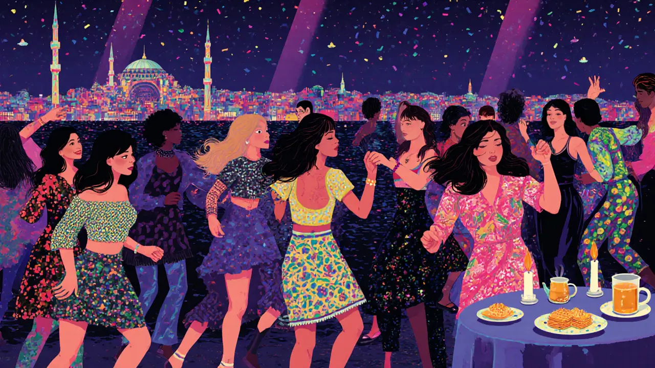 Vibrant, inclusive crowd dancing at Reina nightclub under neon lights with the Bosphorus in the background.