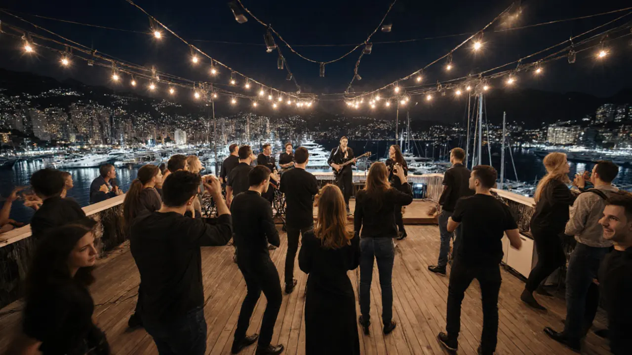 Vibrant rooftop club with live band and guests enjoying the harbor view under string lights.