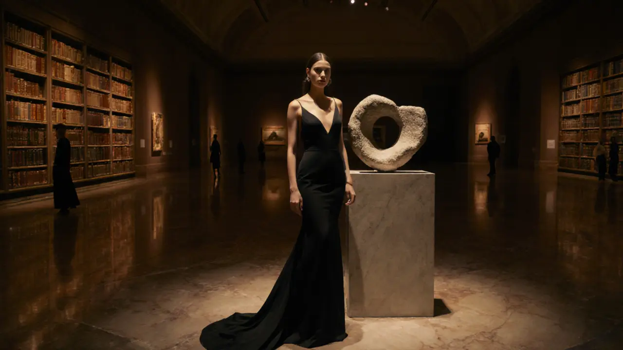 Woman in a black gown beside an art sculpture in the quiet, illuminated halls of Louvre Abu Dhabi after hours.