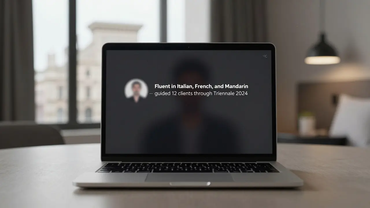 A blurred text profile on a laptop screen showing cultural expertise, no photos, in a minimalist hotel room with city lights outside.