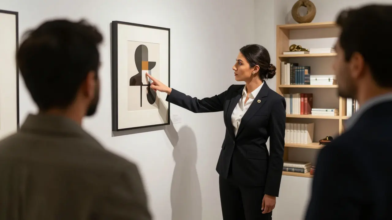 A client and professional companion viewing art together at Alserkal Avenue, engaged in thoughtful discussion.