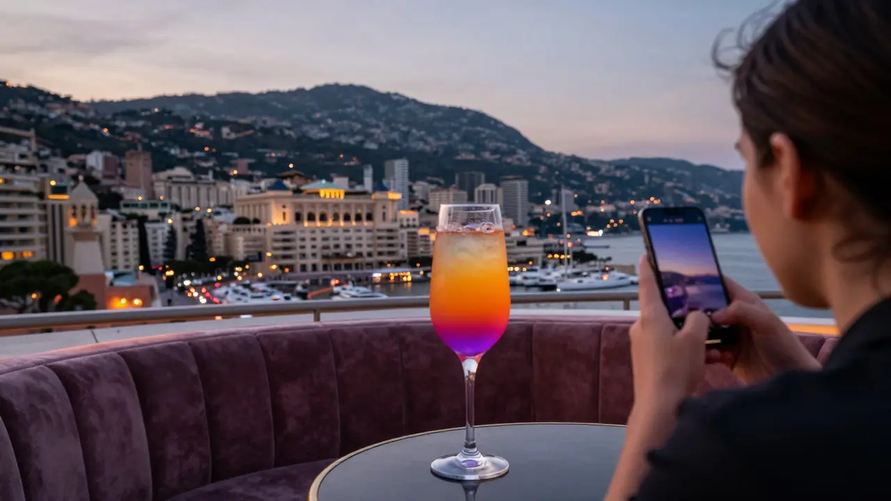 A colorful changing cocktail on a rooftop bar with Monaco’s skyline glowing in the twilight.