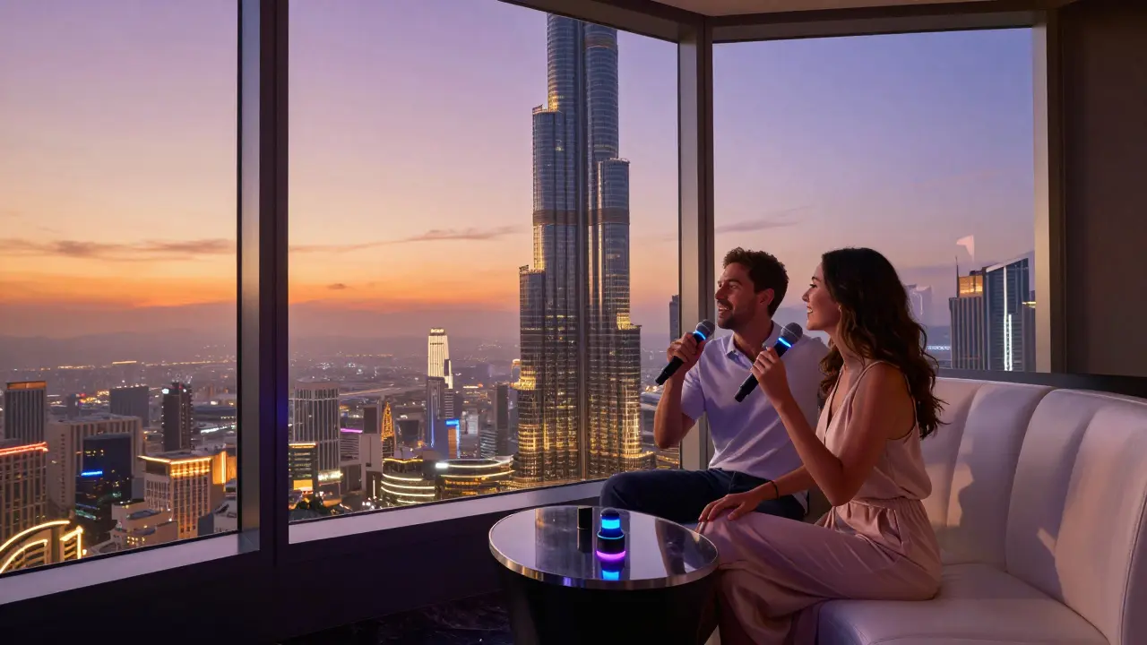 A couple singing duet at sunset with the Burj Khalifa glowing in the background through floor-to-ceiling windows.