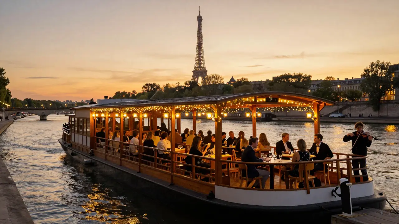 A cozy wooden boat docked by the Seine, couples enjoying wine under string lights as the Eiffel Tower sparkles in the distance.